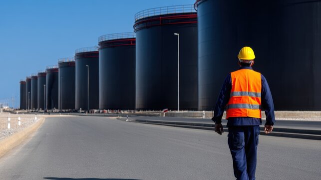 Worker in safety gear walking along road beside large industrial oil storage tanks under clear blue sky
