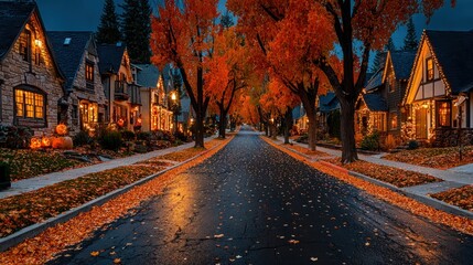 Autumn Evening Street Scene with Orange Trees, Houses and Street Lights