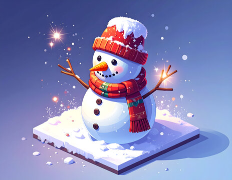 Cheerful Winter Snowman with Red Hat and Scarf on Snowy Platform