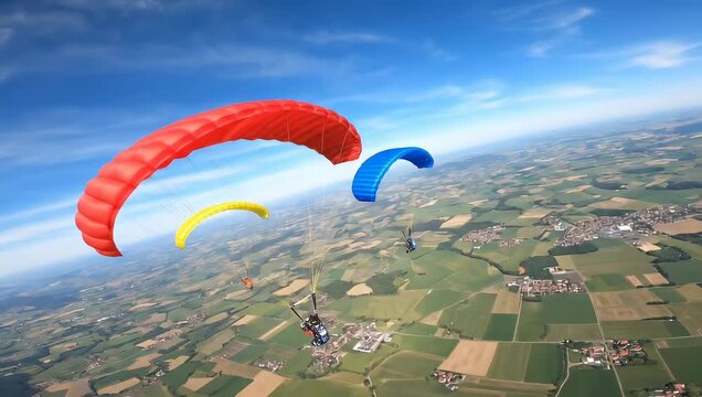 Three colorful paragliders soar high above a patchwork of fields under a bright blue sky.