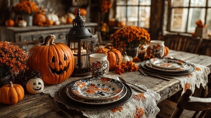 Cozy Halloween Table Setting with Pumpkins, Lanterns, and Autumn Decorations