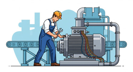 A worker in overalls and a hardhat repairs a large industrial machine with a wrench on a factory floor.