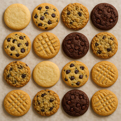 A collection of delicious cookies, including chocolate chip and peanut butter, arranged in a grid pattern on a light-colored surface