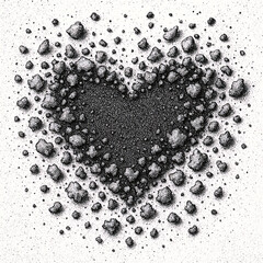 Heart-shaped constellation of scattered gravel and small stones against a white background, symbolizing love's delicate yet enduring nature