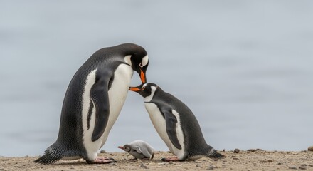 Naklejka premium Two penguins standing on a sandy beach with their beaks touching, against a calm water background with soft, natural