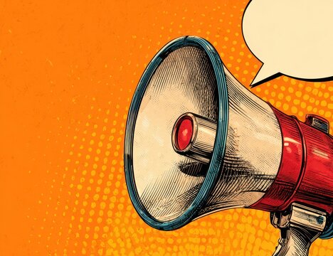 A pop art style image of a megaphone with a speech bubble against a bright orange backdrop