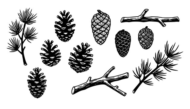 Pine Cones And Branches Linocut Print Style Icons Set On White Winter Forest Branches Nature Icons Carved Symbols Nature Prints Woodland Elements Bold Print Illustrations