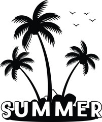 Fototapeta premium Tropical Summer Palm Tree Silhouette Vector Graphic Design with Bold Black Text and Birds.