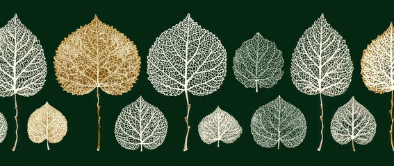Repeating pattern of stylized leaves with intricate vein details, in gold and white, against a dark background