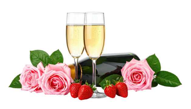Champagne flutes, a bottle, and pink roses with strawberries.  A celebratory still life