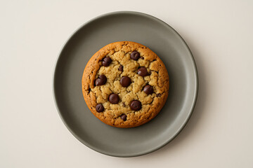 Delicious overhead shot of a single chocolate chip cookie on a grey plate, perfectly baked and ready to be enjoyed