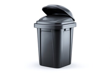 Sleek modern black trash can with open lid, perfect for contemporary kitchens, offices, and hotels needing stylish waste disposal solutions.