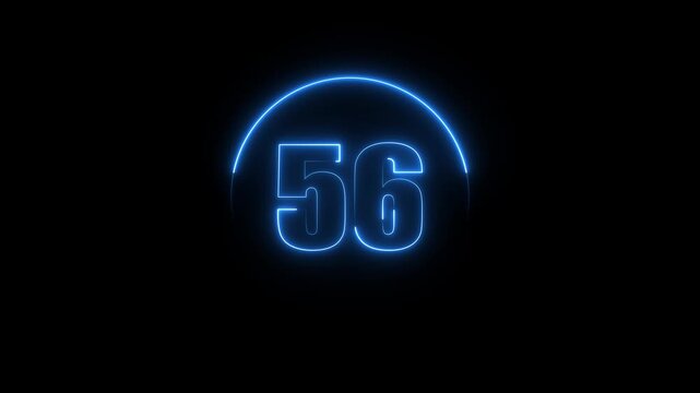 Glowing neon number 56 text animation with neon circle on black background. text number countdown animation.