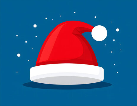 Classic Santa Claus Hat Illustration with Falling Snow on Blue Background