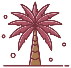 Aesthetic tropical palm tree vector icon with maroon leaves. Simple line art illustration for summer vacation design.