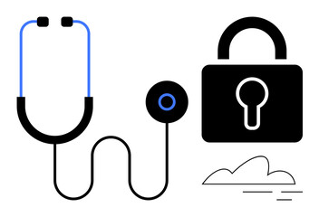 Stethoscope connected to a lock, symbolizing healthcare data security. Ideal for health technology, cybersecurity, privacy, secure communication, patient care, digital health, simple flat metaphor