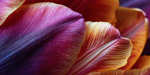 A close-up photograph showcases the intricate details of a tulip flower. The petals, predominantly shades of vibrant pink, orange, and purple, are dramatically lit against a stark black background