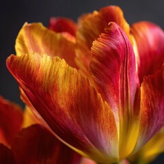 A close-up photograph showcases a vibrant, ruffled tulip in shades of fiery red, deep orange, and golden yellow. The petals are dramatically curved and textured, revealing intricate folds and edges.