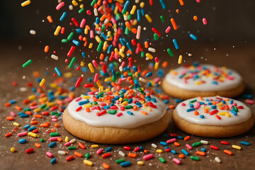 Sweet Delights A Trio of Sugar Cookies Adorned with Vibrant Sprinkles Cascading Down