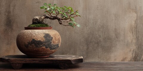 A bonsai tree sits elegantly on a weathered wooden platform within a rustic ceramic pot. The bonsai, with its gnarled branches and moss-covered trunk, is the focal point,