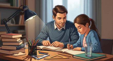 A father helps his daughter with homework, illuminated by a desk lamp, at a desk.