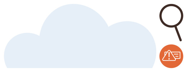 Magnifying glass over a light blue cloud with an orange alert sign. Ideal for cybersecurity, cloud computing, data protection, threat detection, online safety, IT management, simple flat metaphor