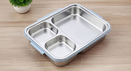 Empty stainless steel lunch box with three compartments and blue trim on a wooden table.