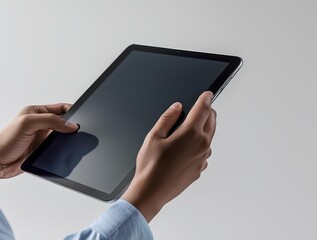 a hand holding a tablet with a dark, blank screen