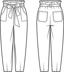 Flat vector illustration of women’s high-waisted pants with belt tie and pockets, front and back view, CAD fashion drawing