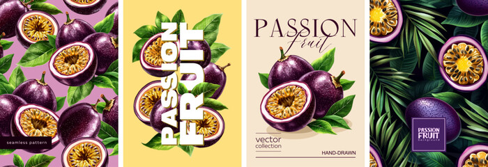 Hand drawn set of designs and patterns. Vectorized gouache illustrations. Illustrations of passion fruit with flowers and leaves for poster, prints, menu, card or textile