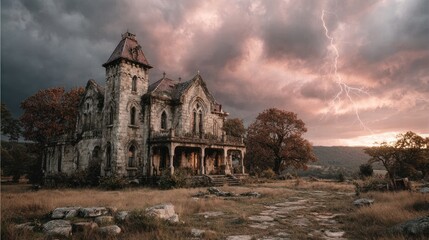 Haunted Victorian mansion with lightning and dramatic sky during a thunderstorm