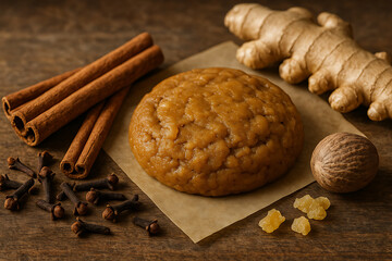 Warm and spicy baked cookie with cinnamon sticks, ginger, and cloves on a wooden table