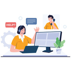 Call Center Concept Illustration. Vector illustration of A headset agent offers real-time help via chat and phone at a workstation with message bubbles. Isolated on background