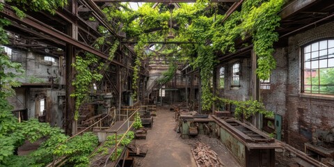 An expansive, decaying industrial space is dominated by a long, shadowed hallway.  Overgrown vines cascade down the brick walls and steel beams, partially obscuring windows and machinery. 