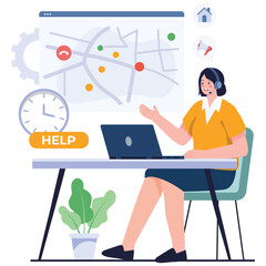 Call Center Concept Illustration. Vector illustration of A service agent coordinates assistance using a map interface with time and help indicators for fast routing. Isolated on background