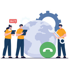 Call Center Concept Illustration. Vector illustration of A support team with tablets and a wrench stands by a globe and gears, delivering 24/7 technical service worldwide. Isolated on background