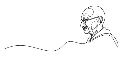 A minimalist line drawing of Mahatma Gandhi in profile, wearing glasses and a traditional Indian garment, with a flowing line extending from his shoulder.