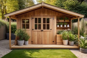 Rustic wooden garden shed in sunny outdoor