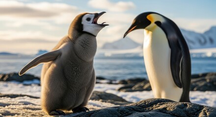 Naklejka premium A juvenile penguin and an adult penguin interact on a rocky beach with snowy mountains in the background under a cloudy