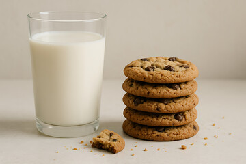 Freshly baked chocolate chip cookies stacked high beside a cold glass of milk, the perfect nostalgic treat and classic culinary pairing