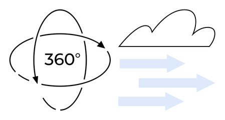 Circular 360-degree arrows next to a cloud and right-pointing data flow arrows. Ideal for cloud computing, digital transformation, workflow optimization, integration, innovation, automation, simple