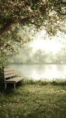 Naklejka premium A wooden bench sits under a flowering tree beside a tranquil lake with blurred background