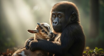 Fototapeta premium A heartwarming scene of a gorilla tenderly holding a baby goat in a serene forest setting with warm, natural lighting.