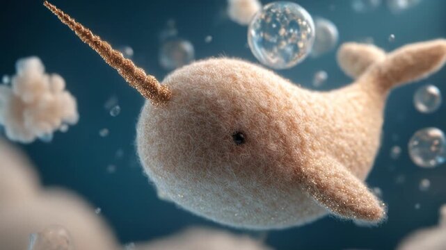 A soft, fuzzy creature with a spiraled horn glides through shimmering bubbles