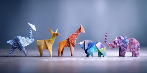 A collection of intricately folded origami animals stands in a row on a dark wooden surface. The animals, including a crane, fox, giraffe, bear, and elephant, are rendered in a vibrant array of colors