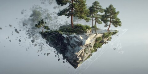 A surreal, geometric island floats in a misty, gray expanse. The island itself is constructed from fractured, polygonal shapes, resembling shattered stone and ice. 