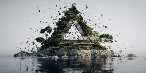 A surreal digital artwork depicts a crumbling, triangular structure resembling a temple or fortress, dramatically situated on a small, rocky island in a calm sea. 
