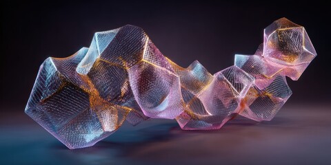 A mesmerizing 3D render showcases a complex, abstract sculpture composed of interconnected, faceted geometric shapes. The sculpture appears to be crafted from a translucent material