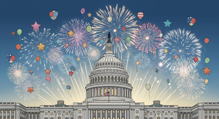 Illustration of the US Capitol Building illuminated by colorful fireworks and floating balloons.