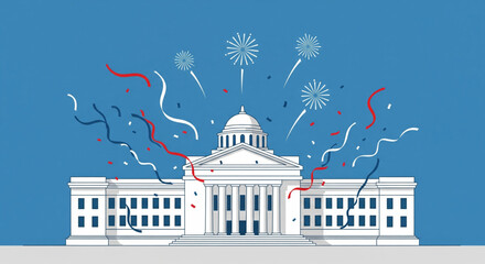 Illustration of a government building celebrating with fireworks and celebratory streamers.